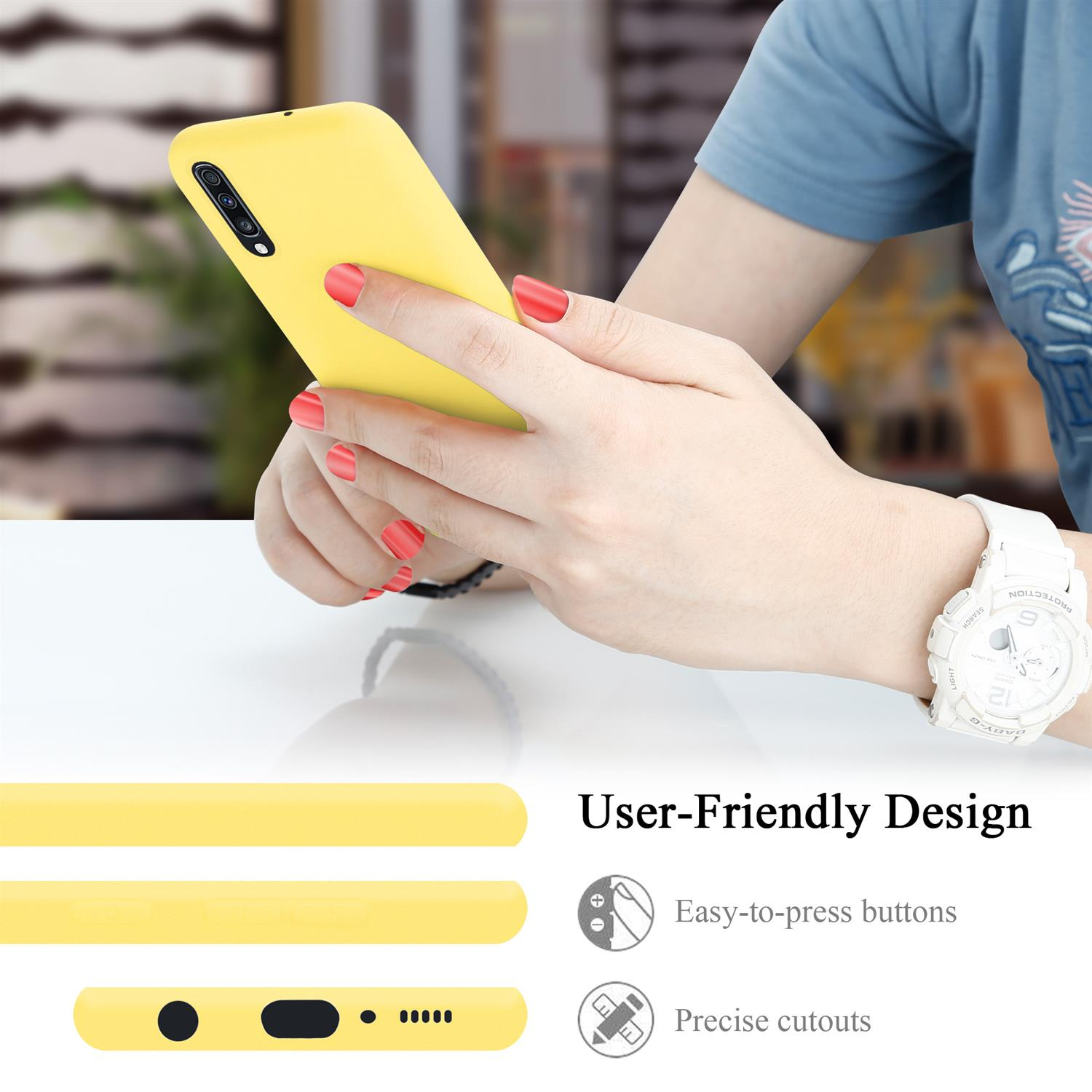 Eine Person hält ein gelbes Telefon mit einer gelben Hülle. Das Telefon hat ein benutzerfreundliches Design.