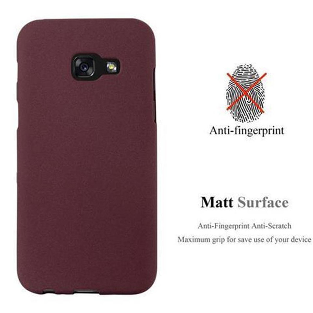 Cover bordeaux con telefono all'interno. Superficie opaca e anti-impronte sono evidenziate.