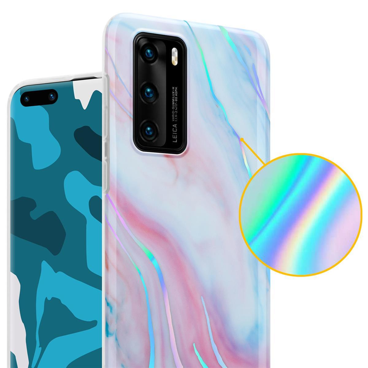 Custodia per telefono con design marmorizzato, focus su una custodia con effetto iridescente colorato.