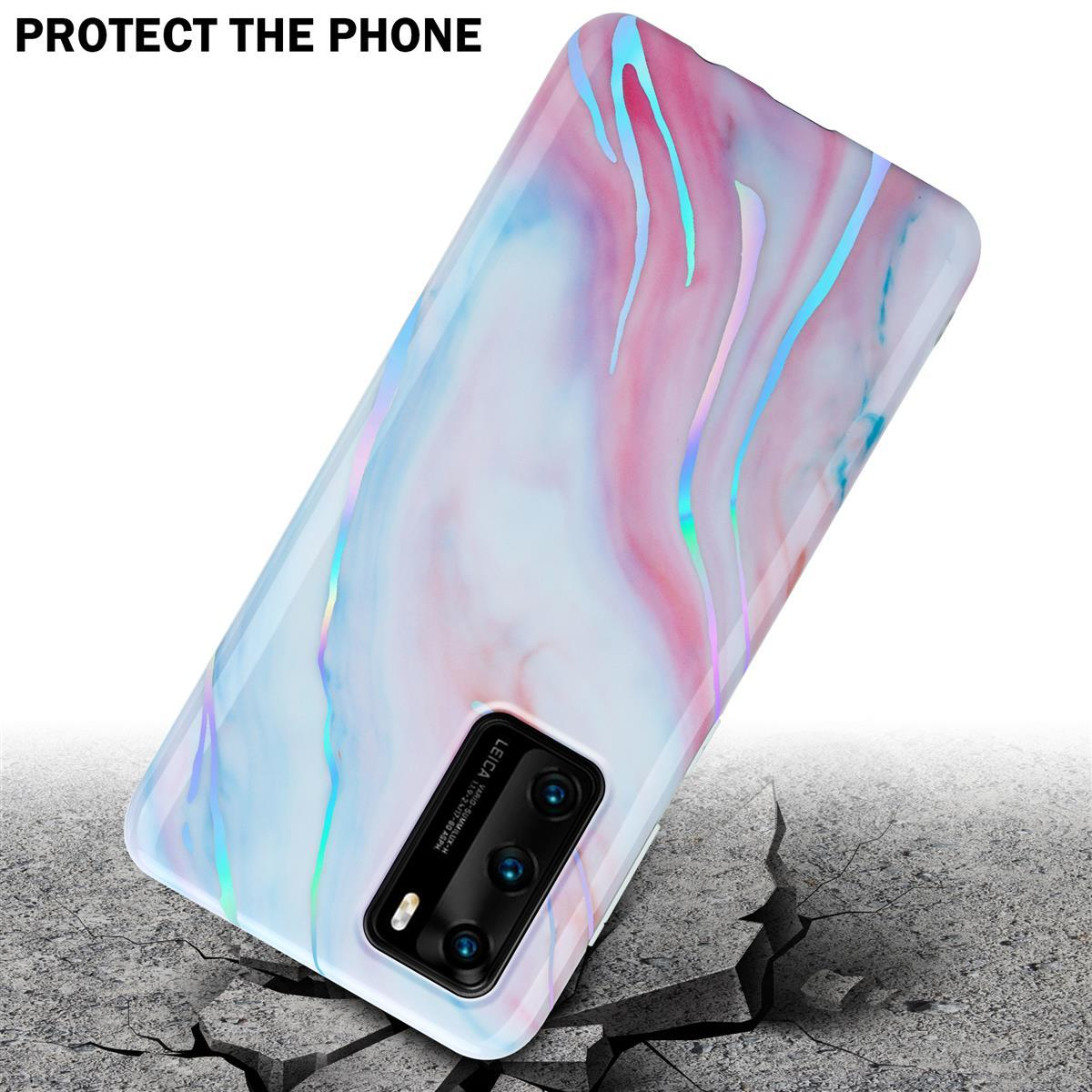 Custodia per telefono con design marmorizzato, appoggiata su una superficie con effetto crepa. Testo: Proteggi il telefono.