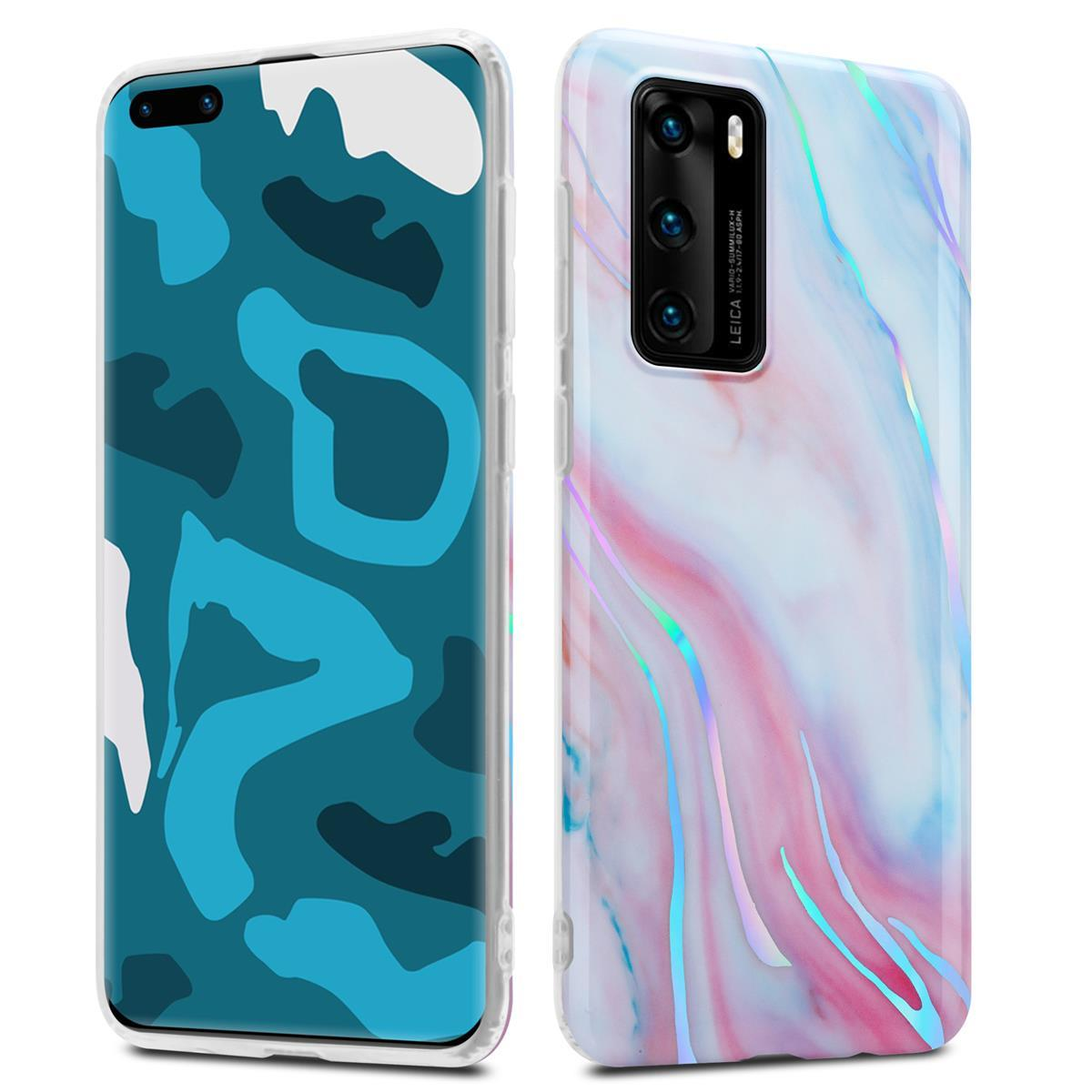 Due custodie per telefono. Una con un motivo blu, l'altra con un effetto marmo rosa e bianco.