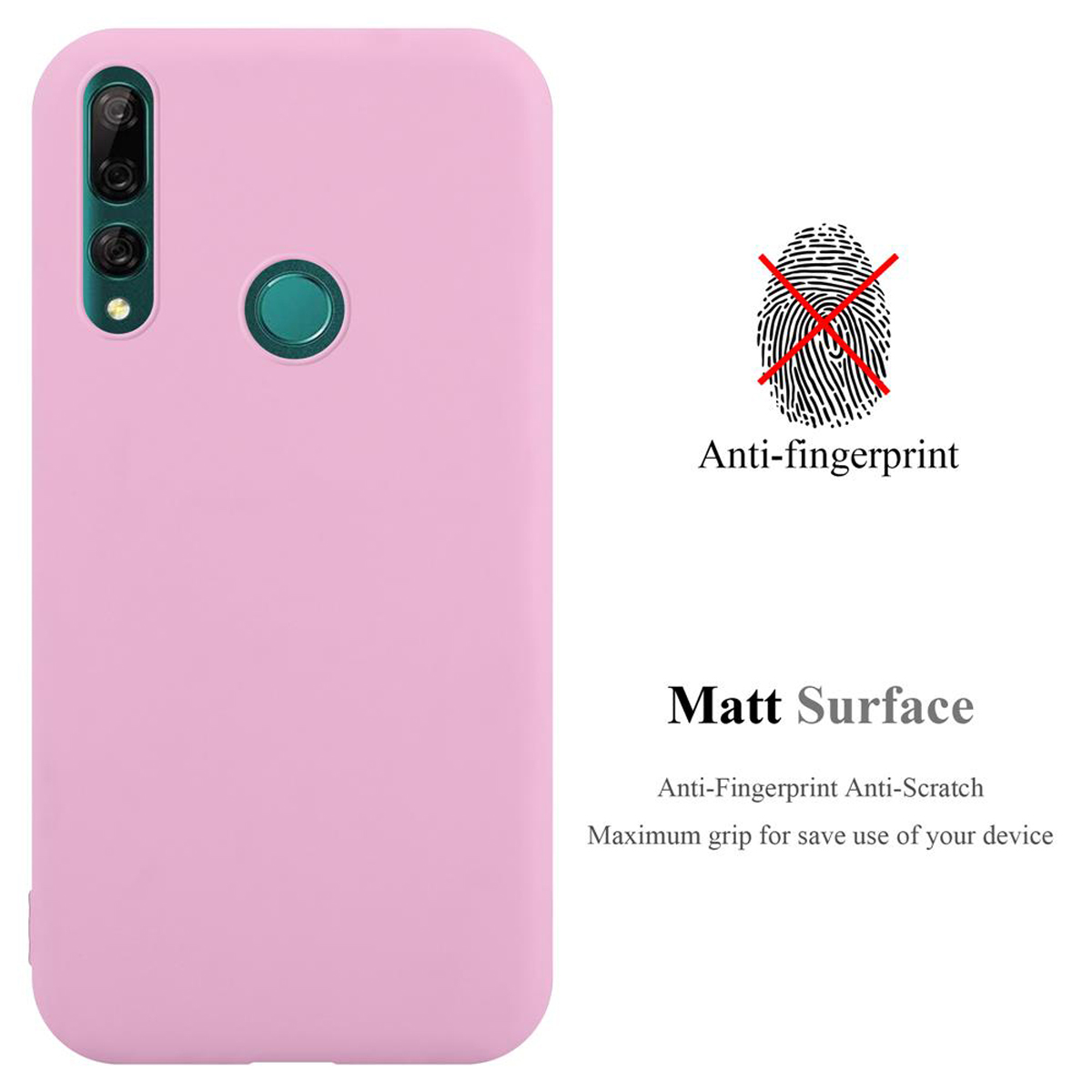 Una custodia per telefono rosa con fotocamera e grafica di impronte digitali, e testo: anti-impronte e superficie opaca.