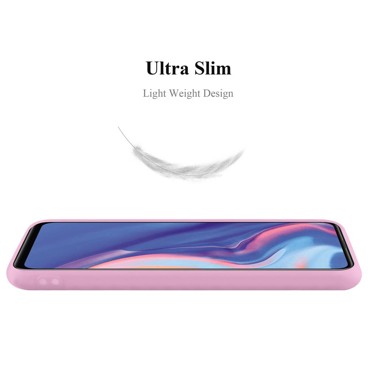 Custodia per telefono rosa con le parole Ultra Slim e Light Weight Design e una piuma.