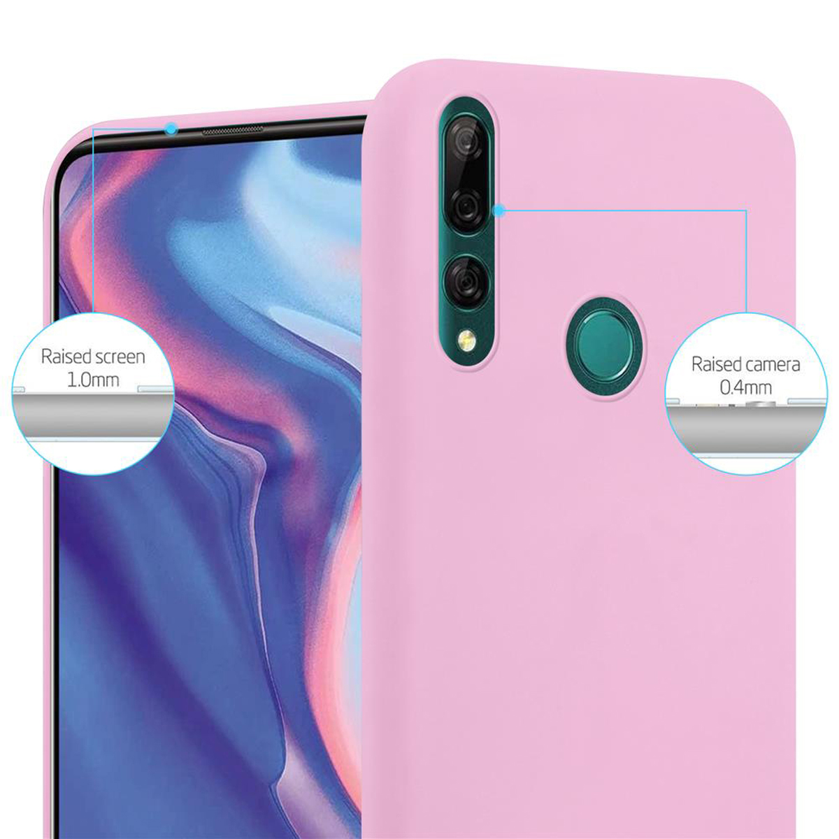 Una custodia rosa con immagine del telefono, con testo che evidenzia schermo e fotocamera rialzati.