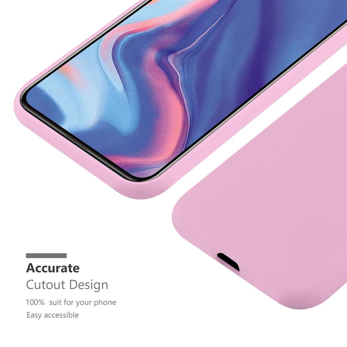 Una custodia per telefono rosa con le parole Accurate Cutout Design. La custodia è su uno sfondo bianco.