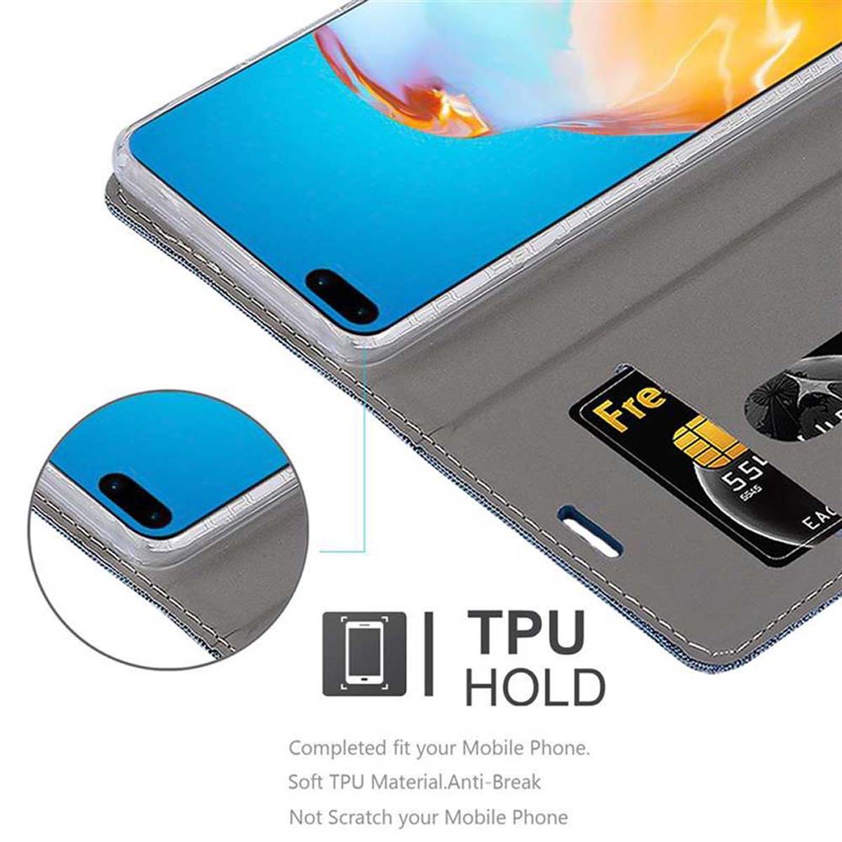 Un telefono in una custodia grigia con una carta, la custodia è aperta, mostrando l'interno.
