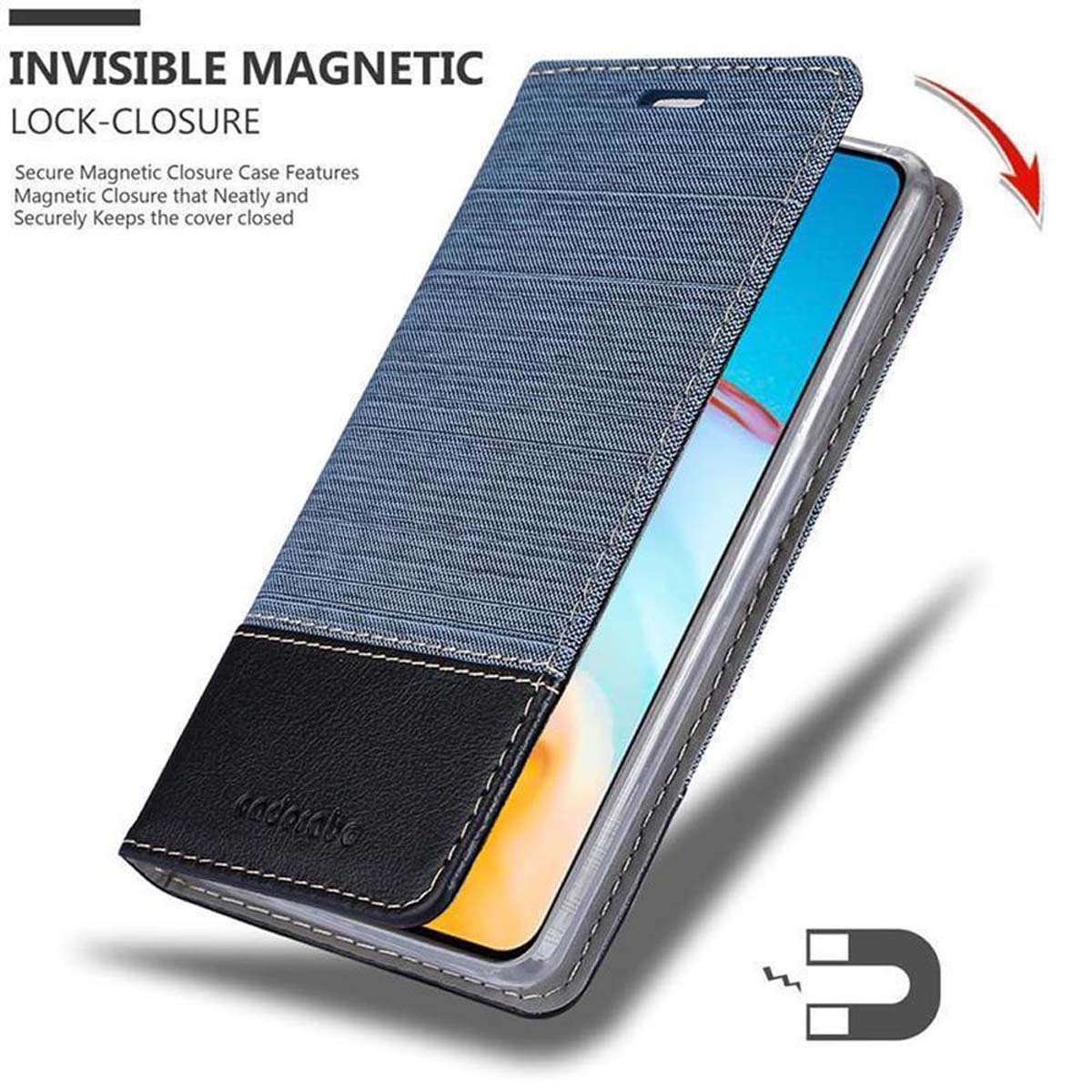 Telefono in una custodia. La custodia ha una chiusura magnetica. C'è un simbolo magnetico. Sfondo bianco.
