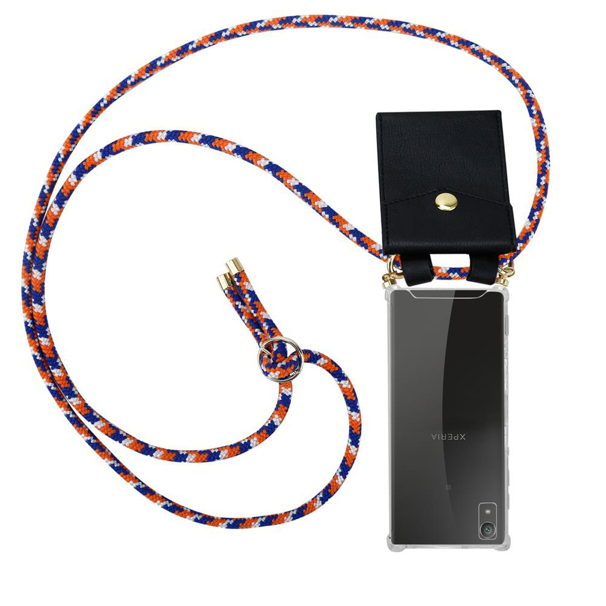 Ein Telefon mit transparenter Hülle und schwarzem Beutel, befestigt an einem orangefarbenen und blauen Lanyard im Seil-Stil.
