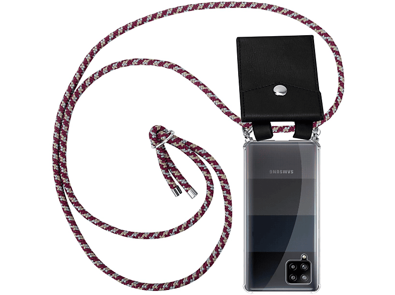 Backcover, Galaxy Samsung, Hülle, A42 WEIß Kette Kordel abnehmbarer Handy Silber GELB und CADORABO mit ROT Band Ringen, 4G,
