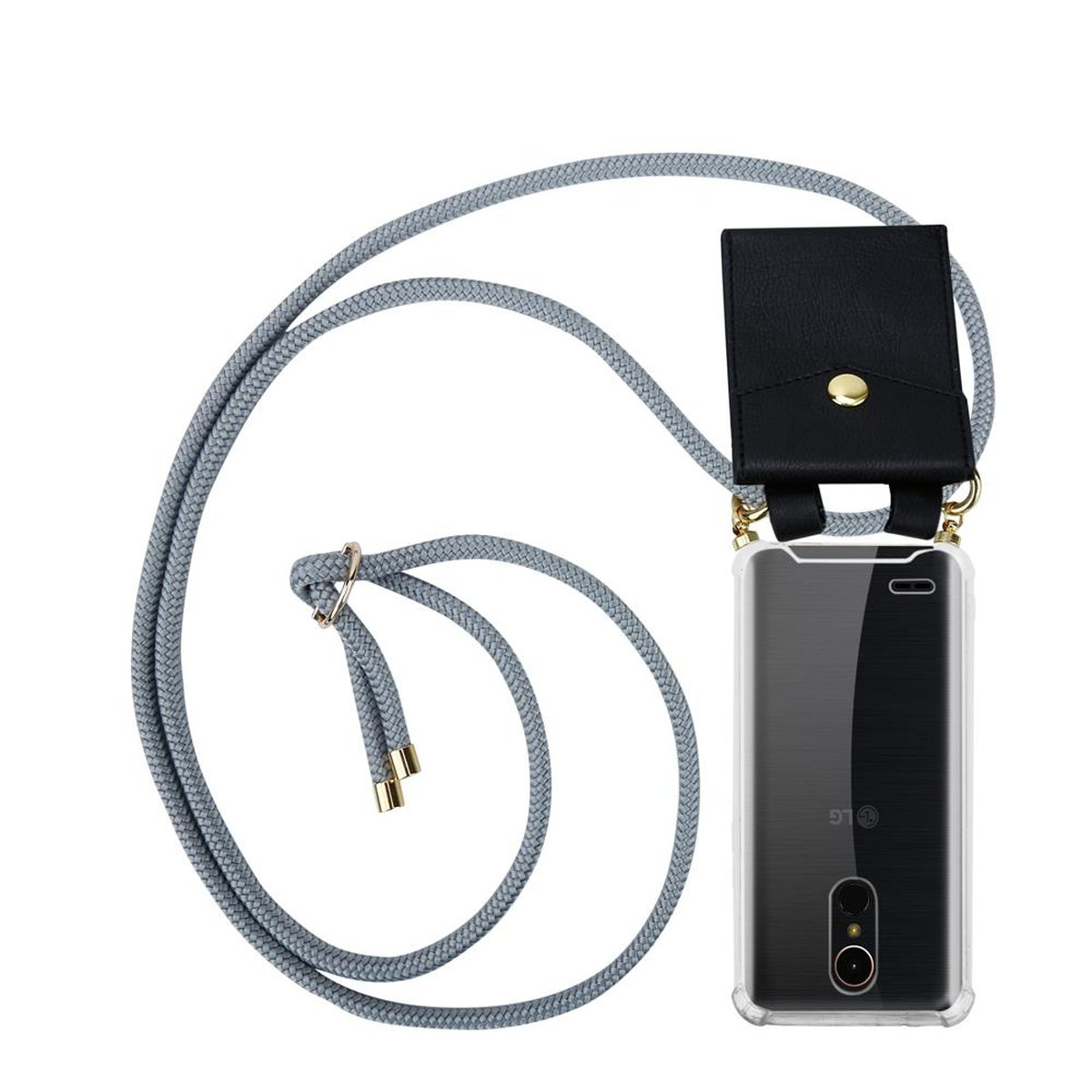 Telefon mit Hülle und grauem Gurt. Schwarze Hülle mit goldenem Knopf. Grauer Seilriemen.