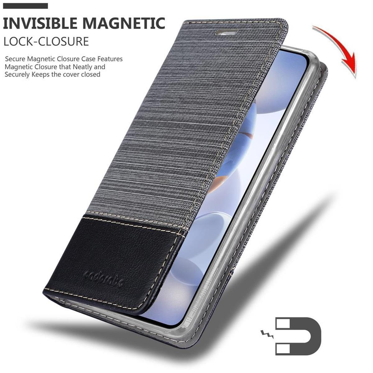 Custodia per telefono con chiusura magnetica, che mostra il telefono all'interno. Grigio e nero.