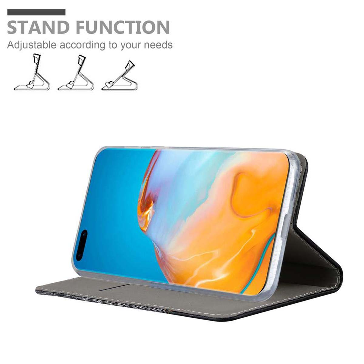 Telefono in custodia su un supporto. Visualizza una grafica colorata. Vengono visualizzate le opzioni della funzione supporto.