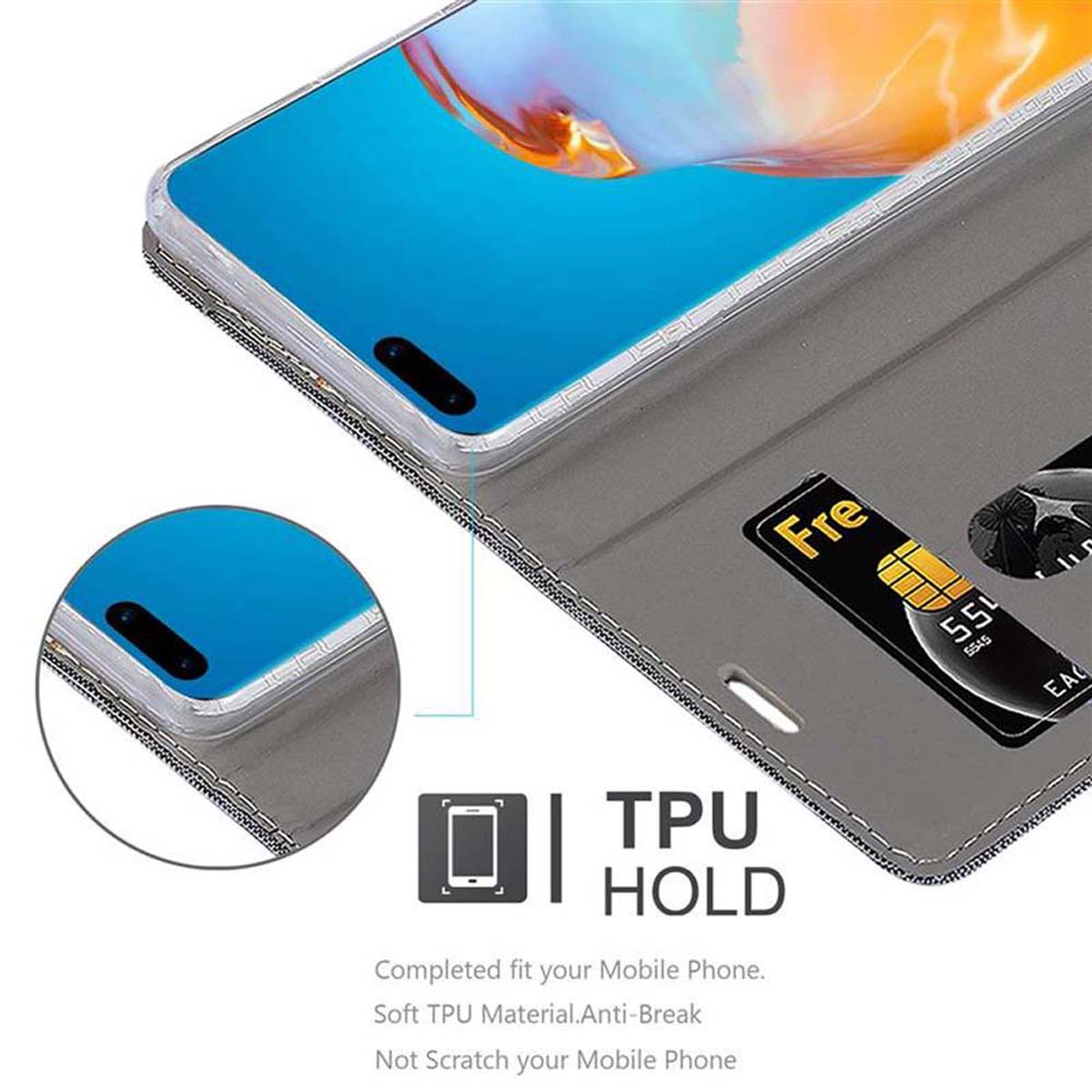 Una custodia per telefono con slot per carte e uno schermo del telefono che mostra uno sfondo blu, con testo TPU HOLD.