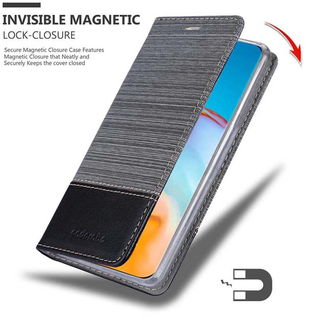 Una custodia per telefono con chiusura magnetica è aperta, rivelando il telefono. Un simbolo di magnete e una freccia puntano.