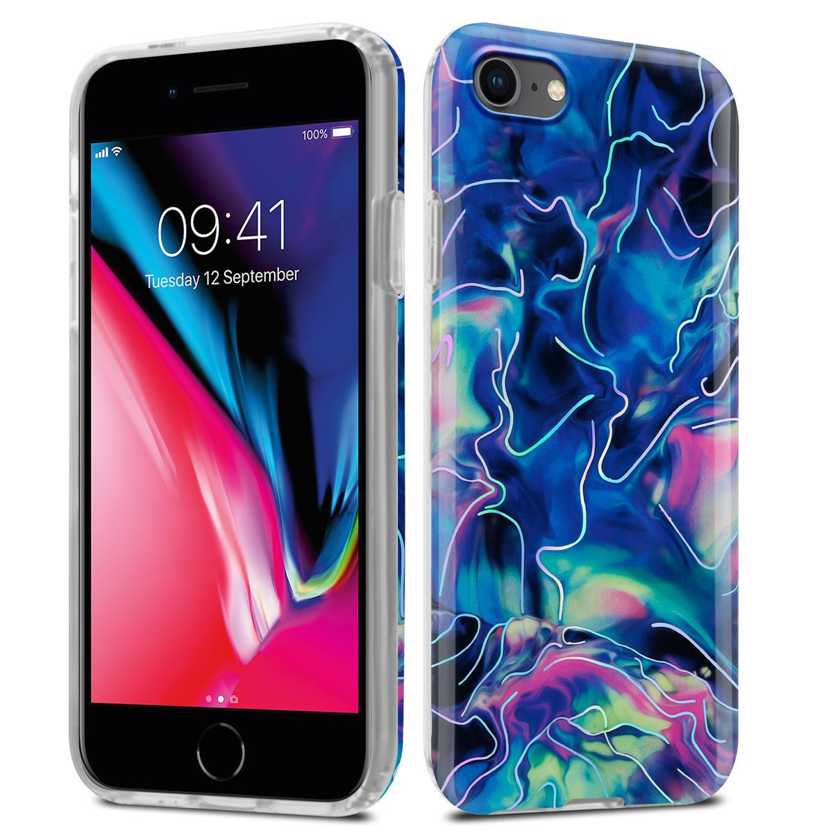 Due telefoni, uno con un design blu e viola e uno con uno schermo rosso.