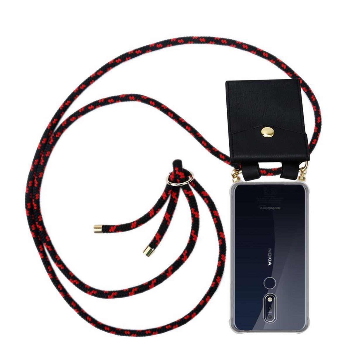 Handyhülle mit schwarz-rotem Umhängeband. Schwarze Ledertasche ist befestigt. Telefon hat eine transparente Hülle.
