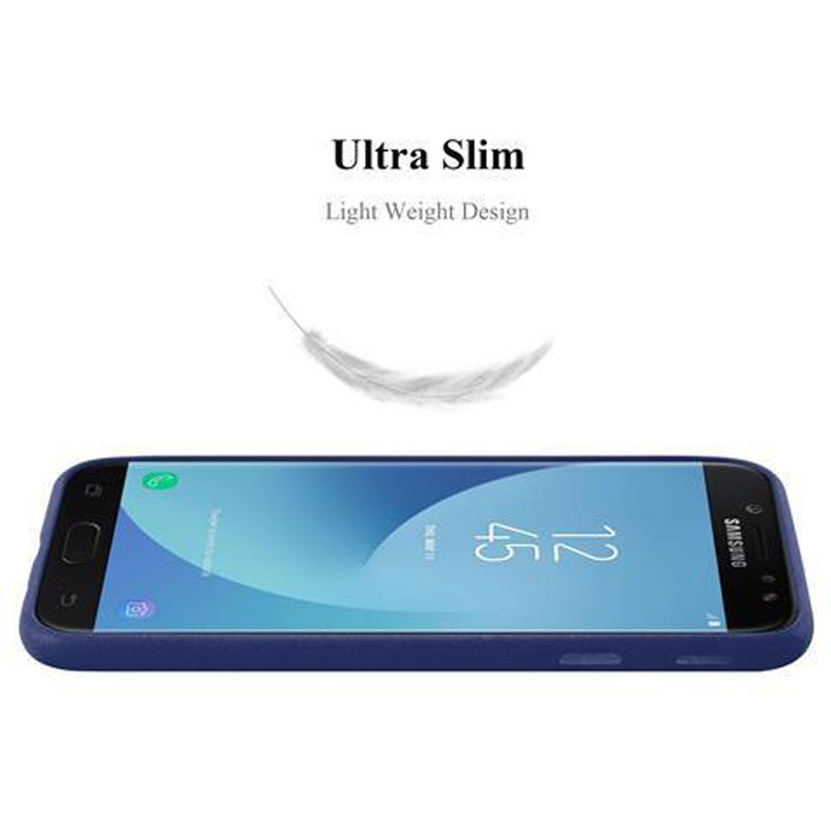Custodia blu con telefono nero all'interno. Testo: Ultra Slim, Design leggero.