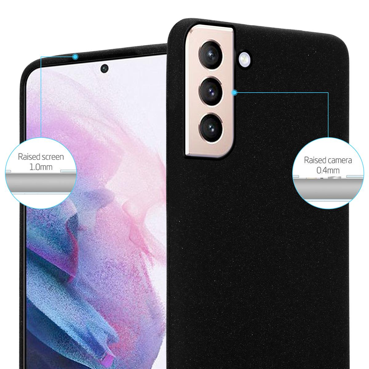 Custodia per telefono nera, vista laterale, con aree dello schermo e della fotocamera rialzate. Il telefono ha tre fotocamere.