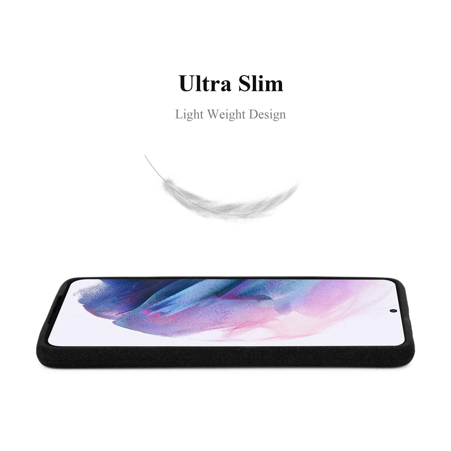 Custodia per telefono nera. Il testo dice Ultra Slim, Design leggero. Una piuma fluttua sopra.
