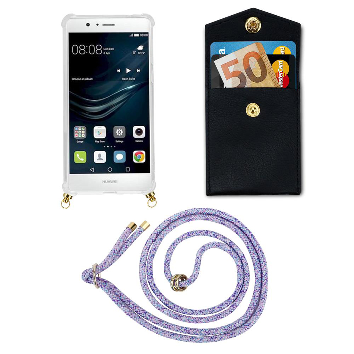 Weißes Telefon mit Geldbörsenetui und Lanyard. Das Geldbörsenetui enthält Karten. Das Lanyard ist lila.