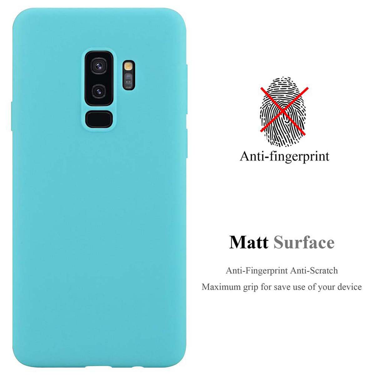 Hellblaue Handyhülle mit Fingerabdrucksymbol und Text 'Anti-Fingerprint' und 'Matt Surface'. Weißer Hintergrund.