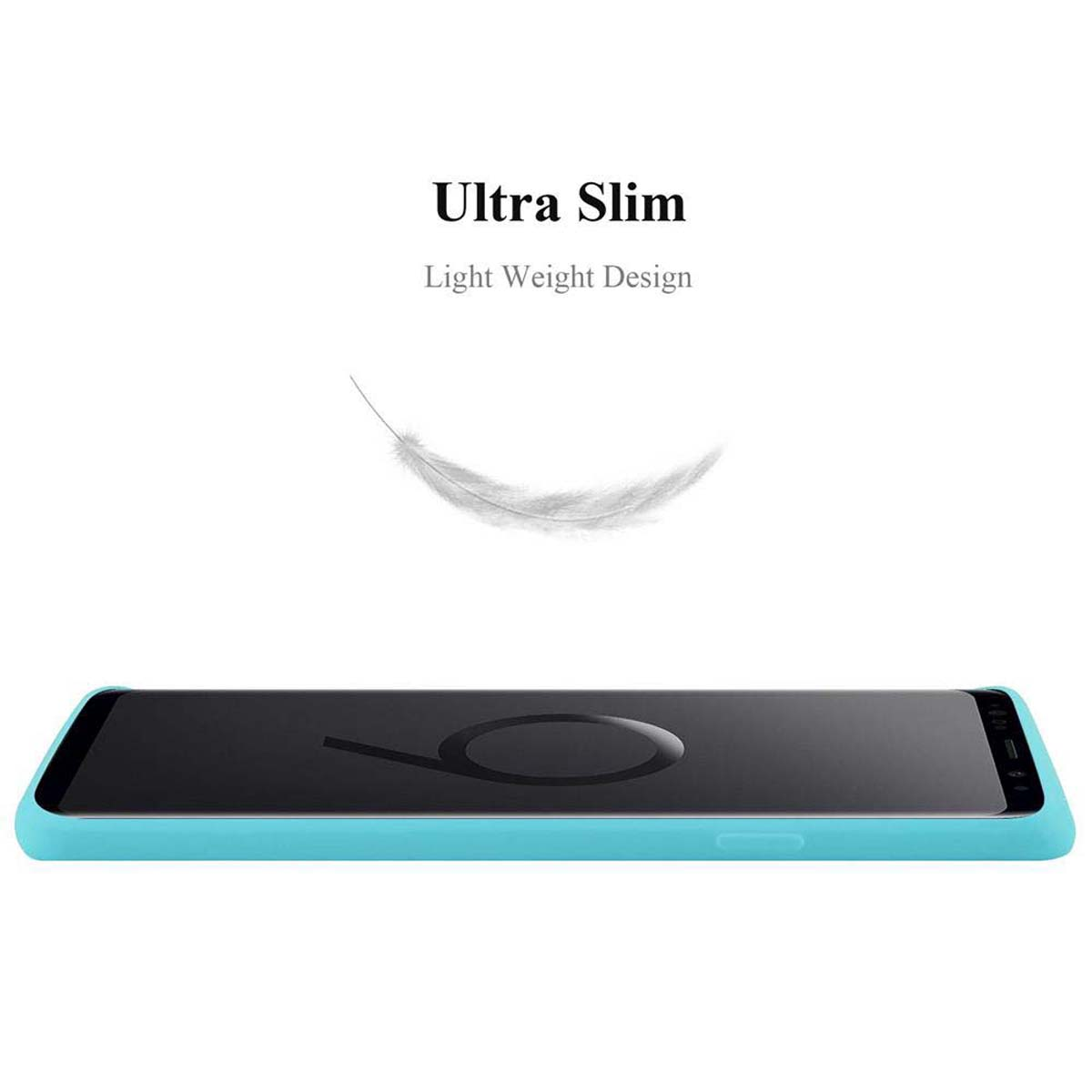 Ein Telefon in einer hellblauen Hülle. Text: Ultra Slim. Light Weight Design. Eine Feder schwebt über dem Telefon.