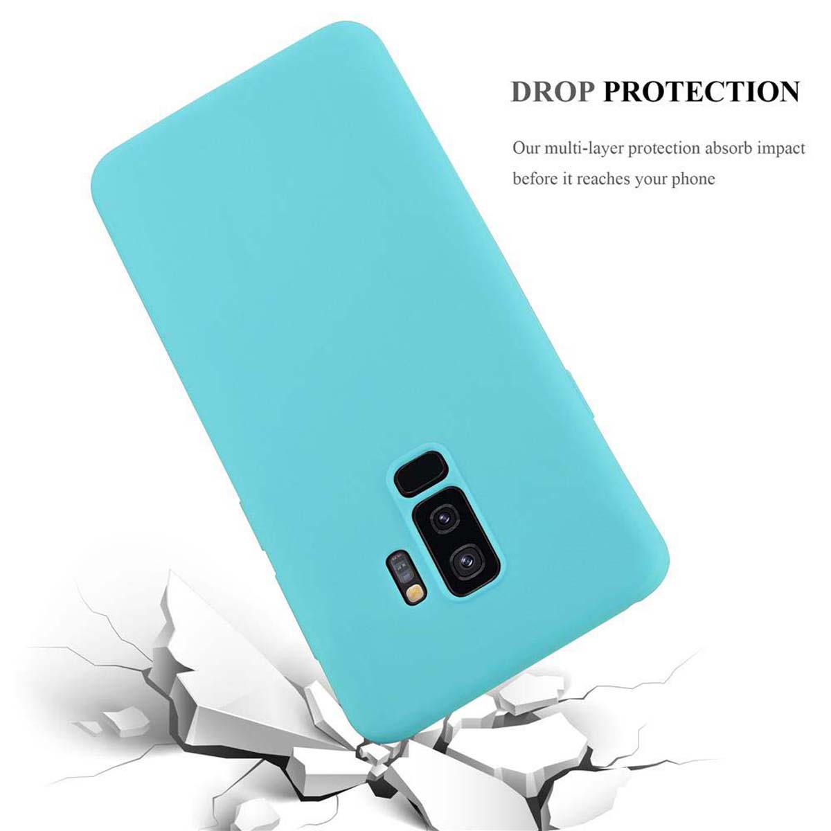 Blaue Handyhülle auf weißem Hintergrund mit Text 'DROP PROTECTION'.