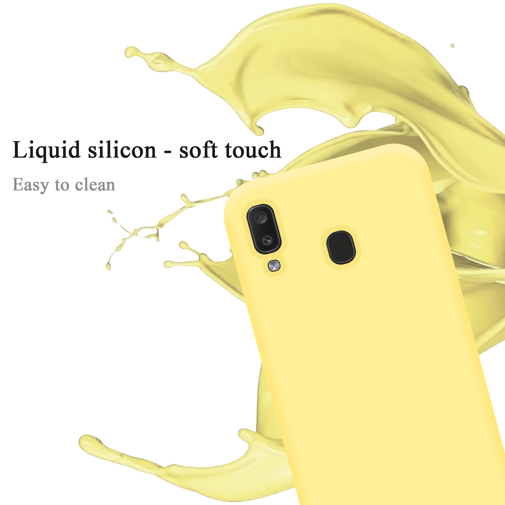 Gelbe Handyhülle mit Telefon, Flüssigkeitsspritzer, Text: Flüssiges Silikon-Soft-Touch, leicht zu reinigen.