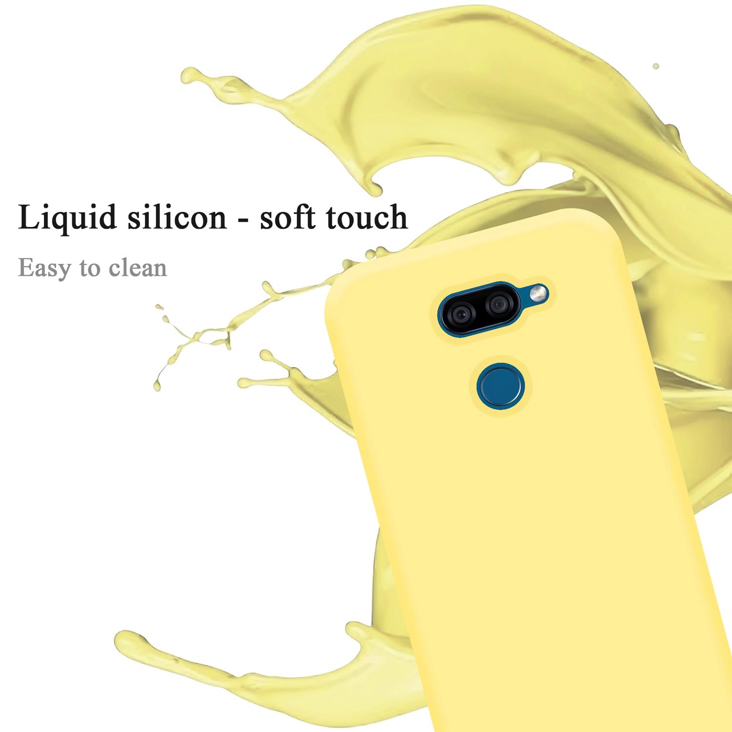 Eine gelbe Handyhülle mit einem Telefon. Die Hülle ist weich und leicht zu reinigen.