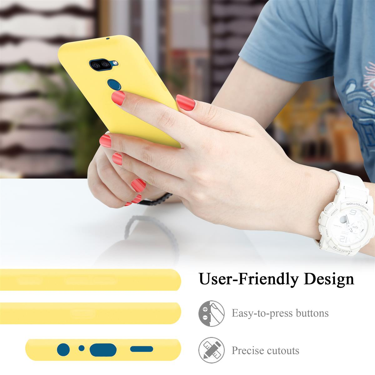 Hände einer Person, die ein gelbes Telefon mit passender Hülle halten. Benutzerfreundliches Design mit einfachen Tasten.