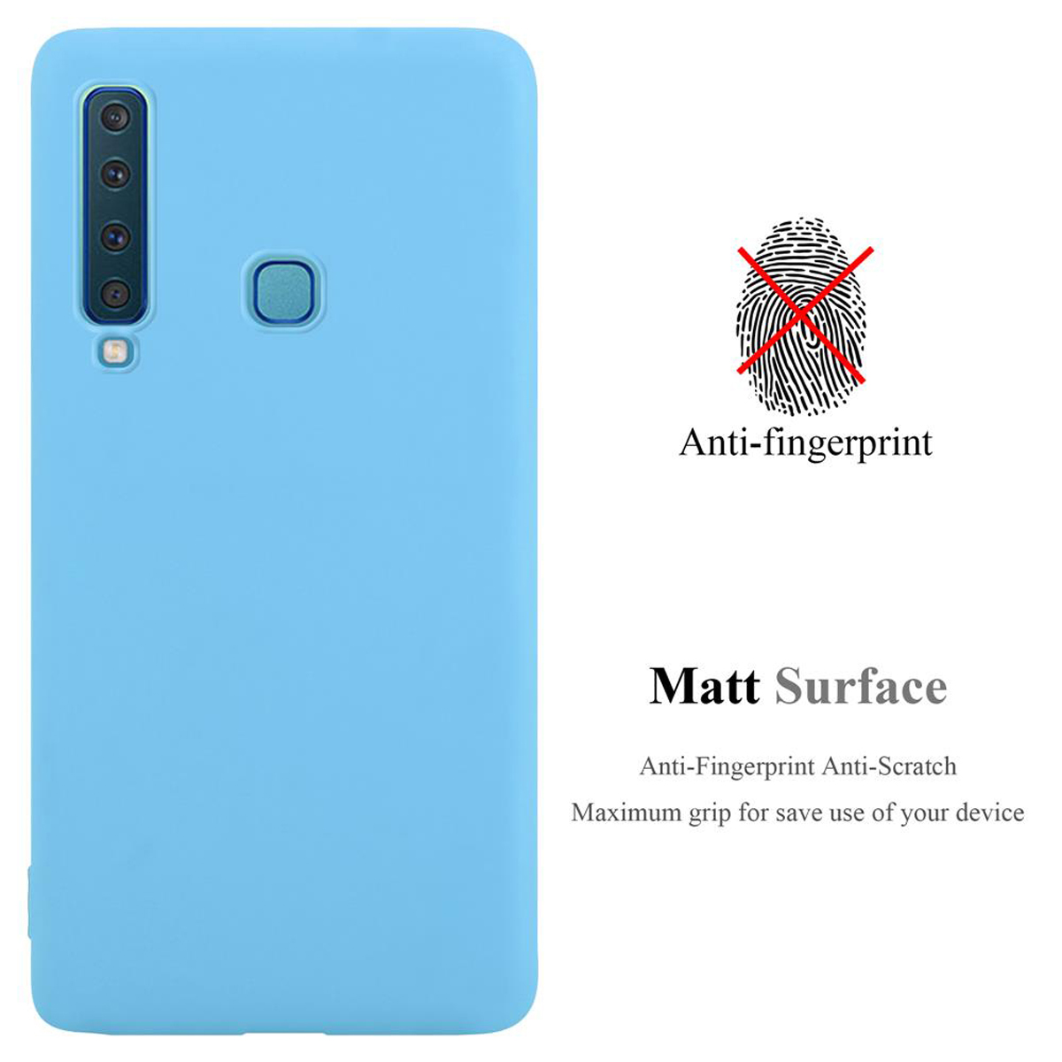 Custodia per telefono azzurra con testo anti-impronta e un'icona di impronta digitale. Sfondo bianco.