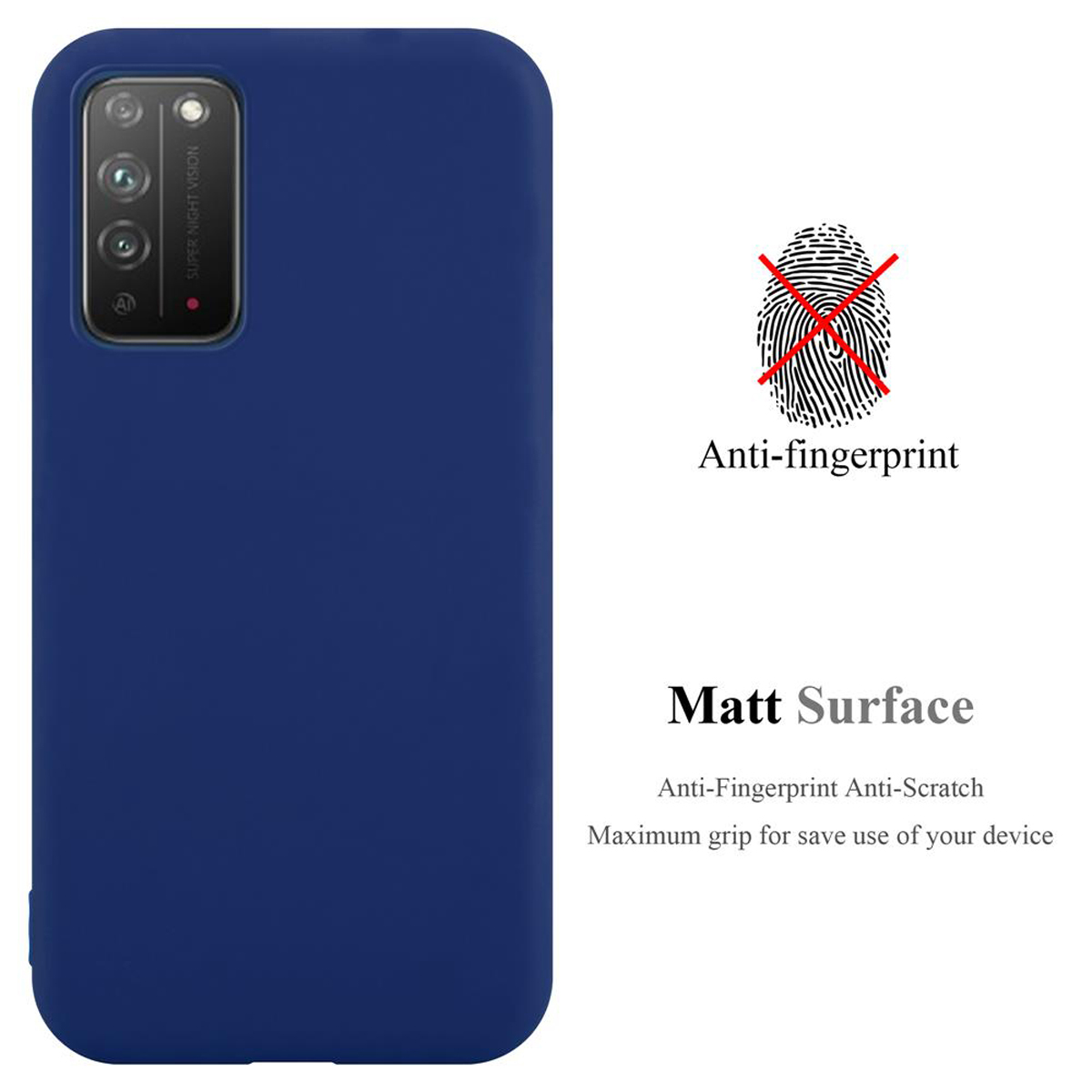 Eine blaue Handyhülle mit Anti-Fingerabdruck und matter Oberfläche. Text sagt 'Matt Surface'.