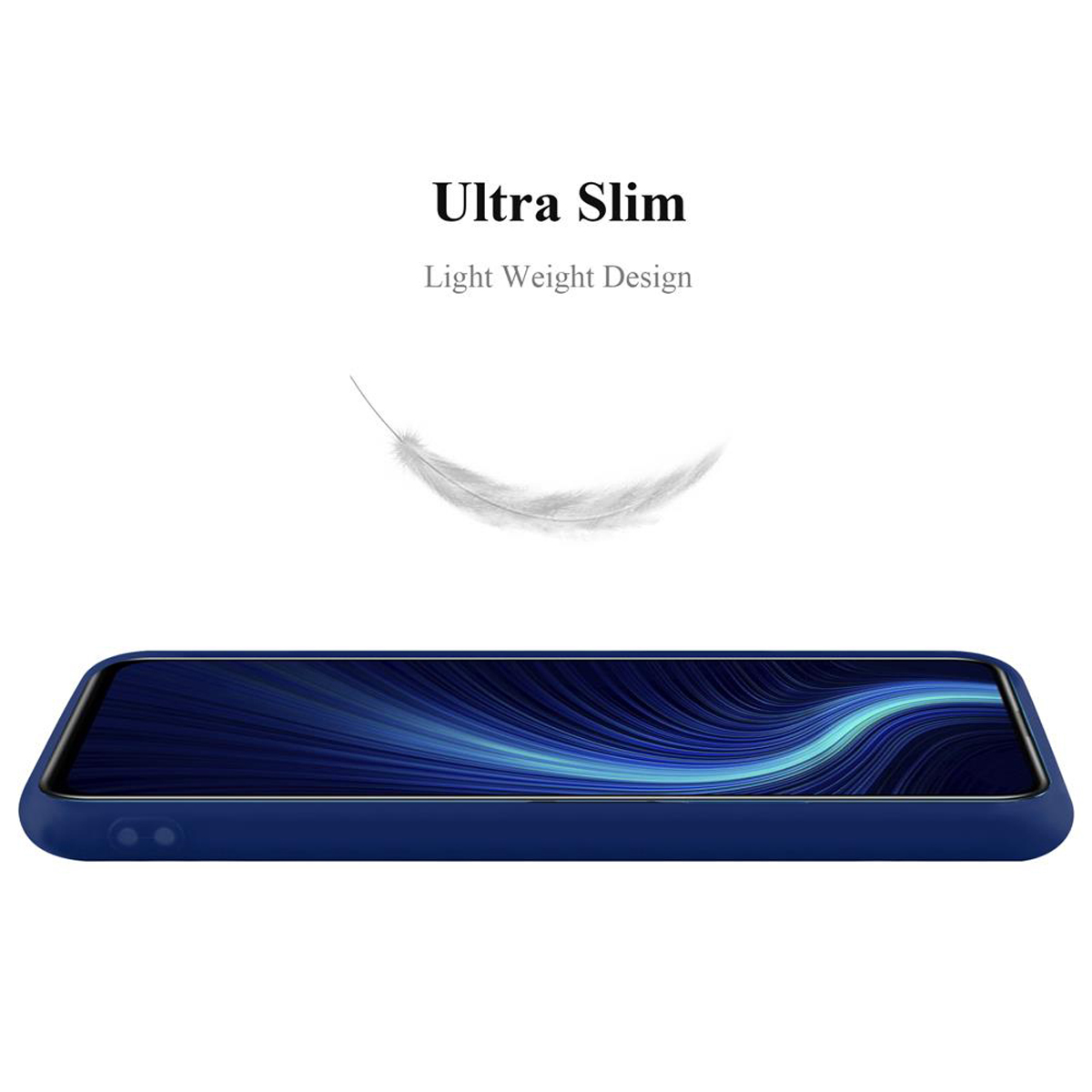 Eine dunkelblaue Handyhülle mit einem Telefon darin und eine helle Feder darüber.