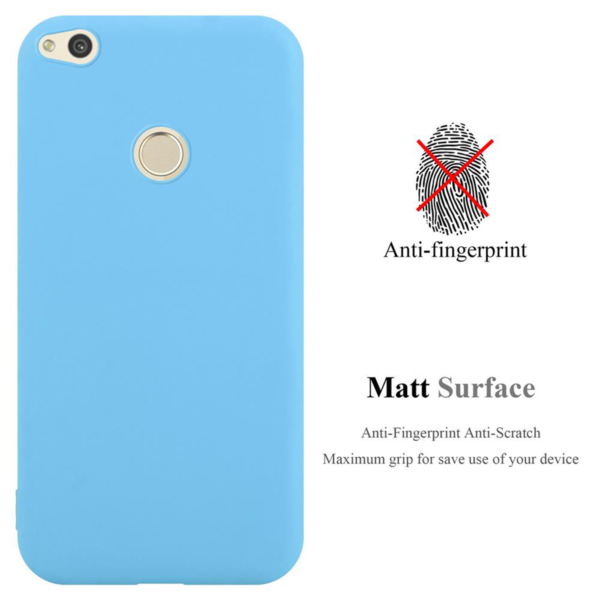 Funda de teléfono azul, antihuellas con superficie mate. Una huella dactilar está tachada.