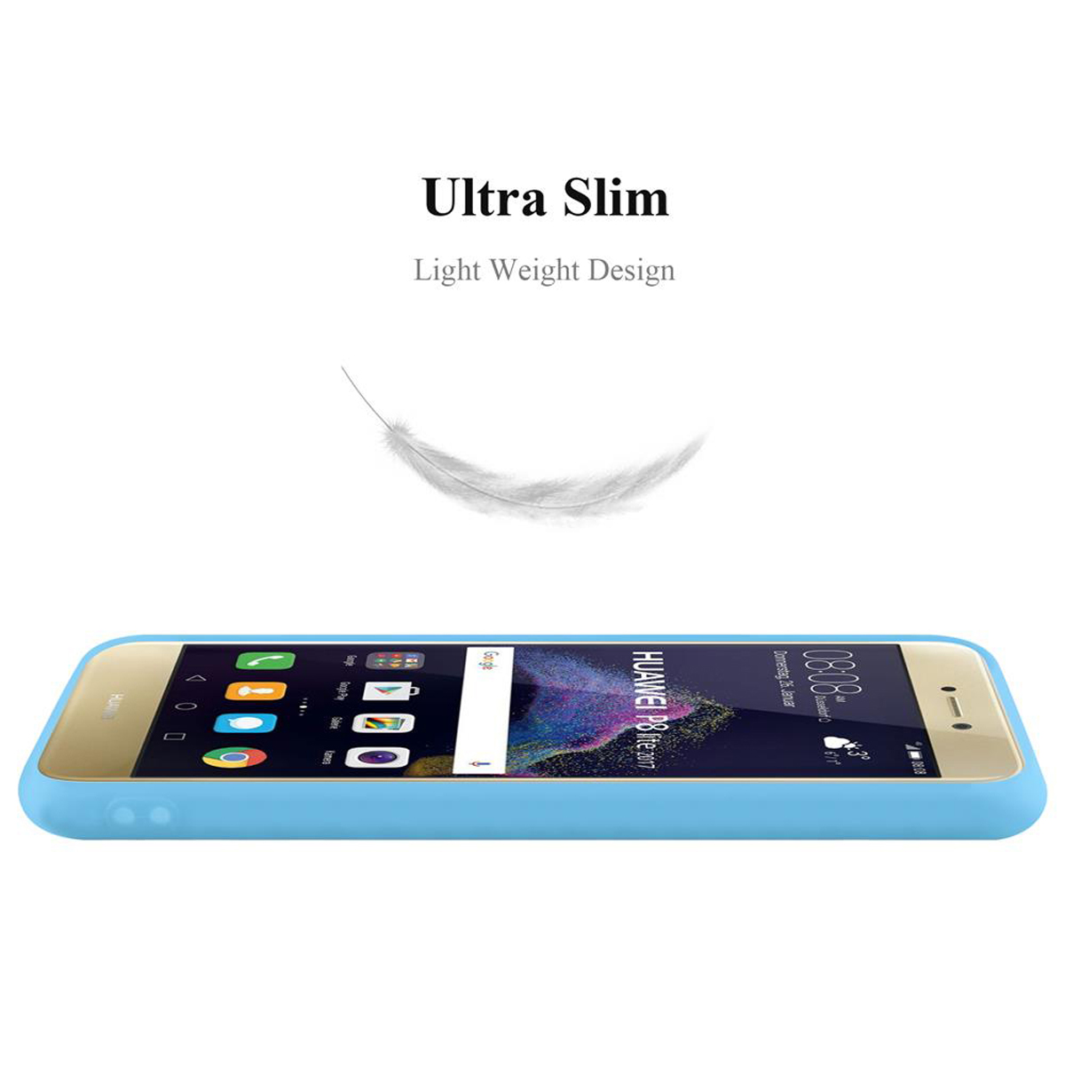Una funda de teléfono azul claro yace sobre una superficie blanca. Una pluma flota en el aire.