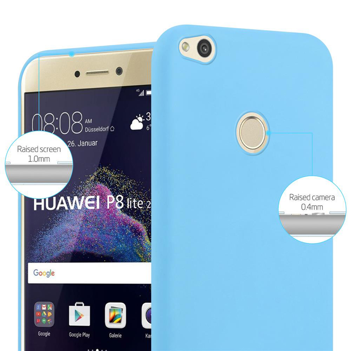 Funda de teléfono azul con teléfono dentro, la pantalla visible. El fondo es blanco.