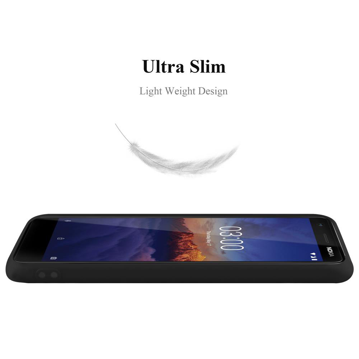 Un telefono nero con custodia su una superficie nera con una piuma bianca. Ultra sottile.