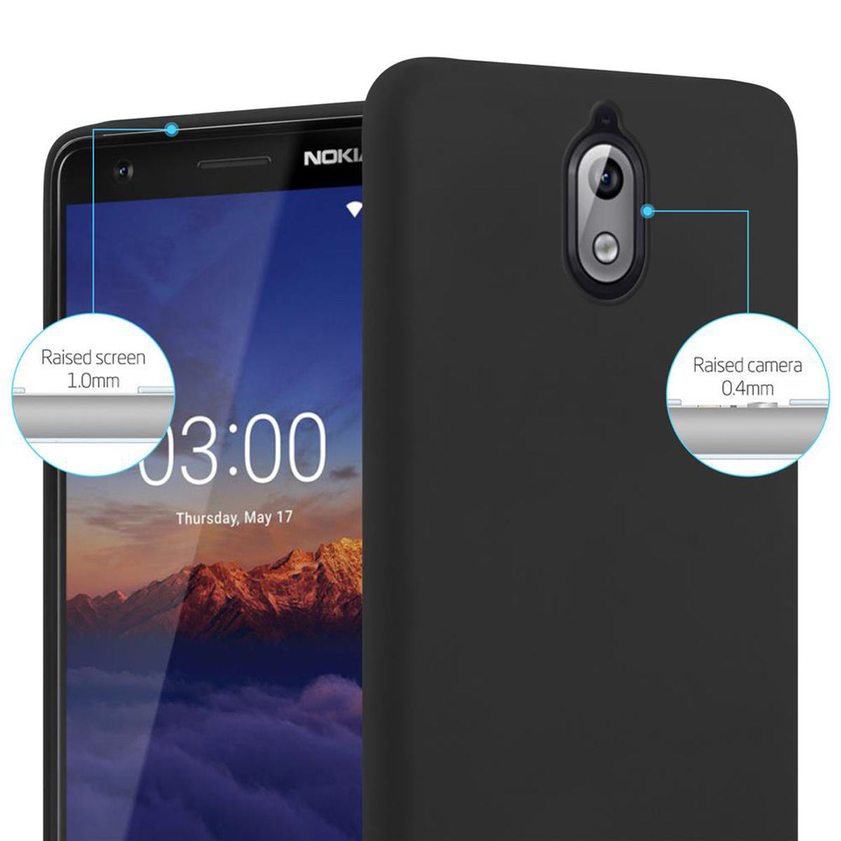 Telefono nero con schermo e fotocamera rialzati, che mostra la protezione della custodia con misure.