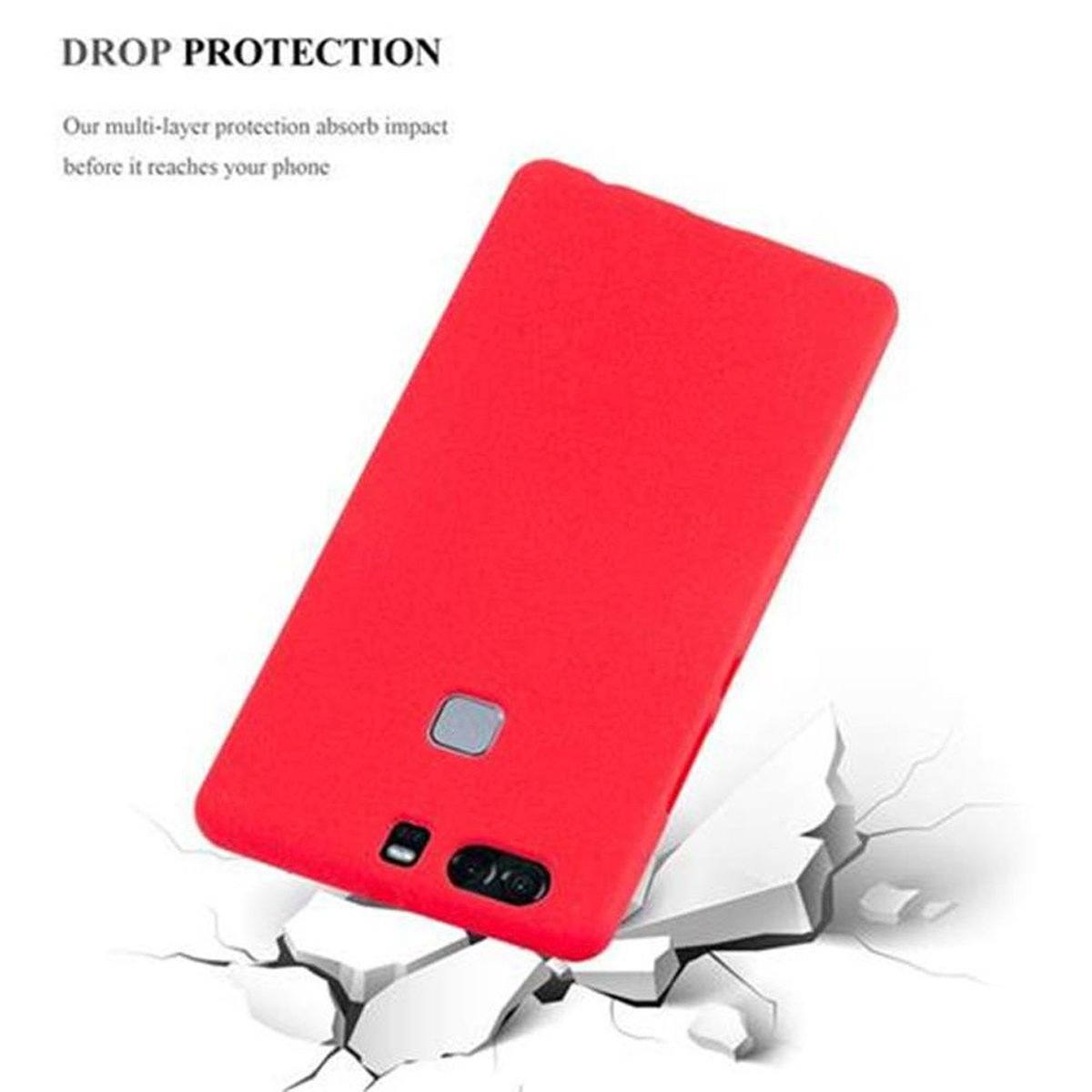 Custodia rossa per telefono su una superficie rotta, che mostra il design posteriore del telefono.