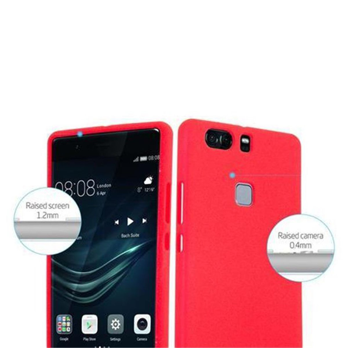 Due telefoni, uno con custodia rossa, che mostra schermo e fotocamera rialzati.
