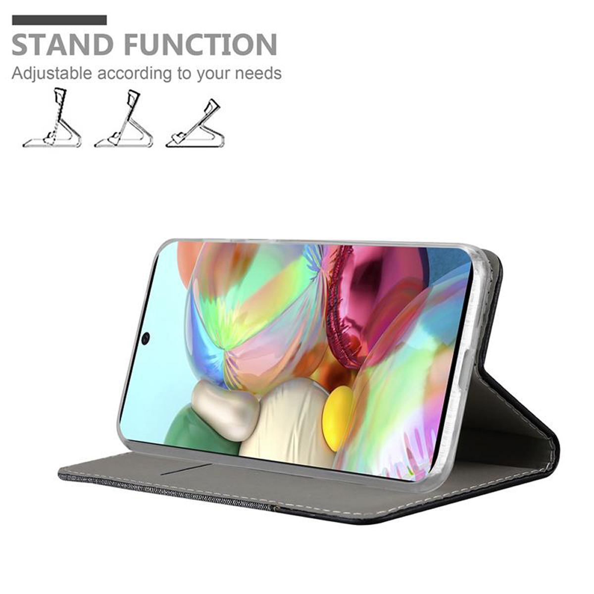 Ein Telefon in einer Standhülle befindet sich auf weißem Hintergrund. Es gibt Symbole für Standpositionen.