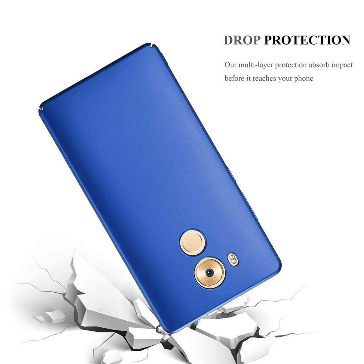 Funda azul con detalles dorados, texto protección contra caídas y absorción de impactos.