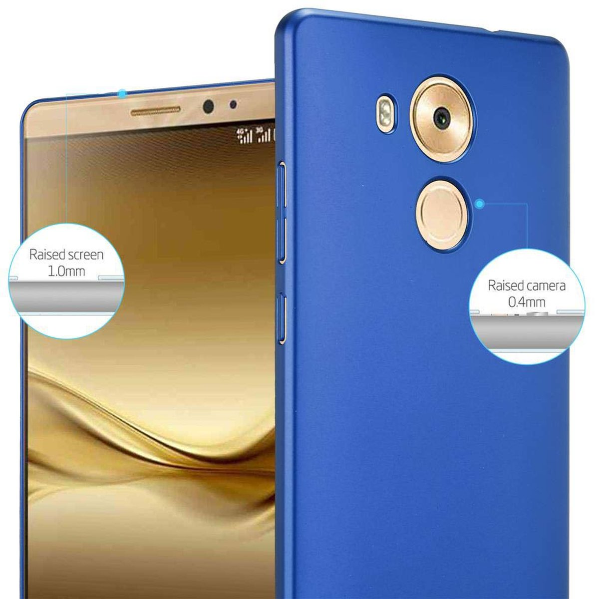 Funda azul de teléfono con detalles de cámara y pantalla.