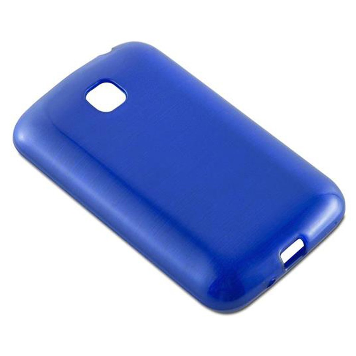 Una custodia per telefono blu su sfondo bianco. Ha bordi arrotondati e ritagli per pulsanti e fotocamera.