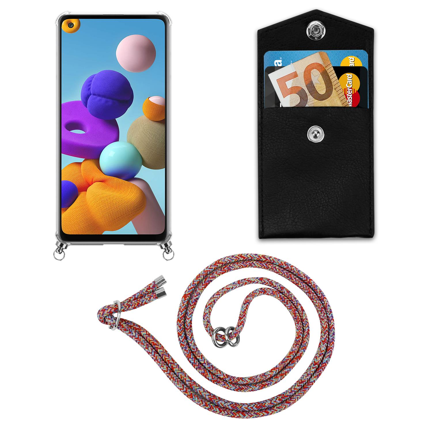 Telefon, Lanyard und Brieftasche. Das Telefon hat eine transparente Hülle. Das Lanyard ist mehrfarbig.