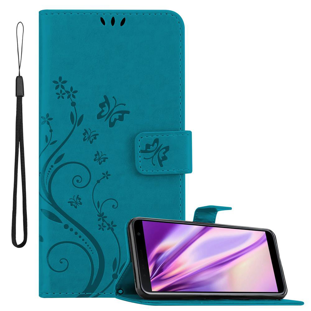 PLUS, Blumen Case, Muster BLAU Samsung, Galaxy CADORABO FLORAL Bookcover, J6 Hülle Flower