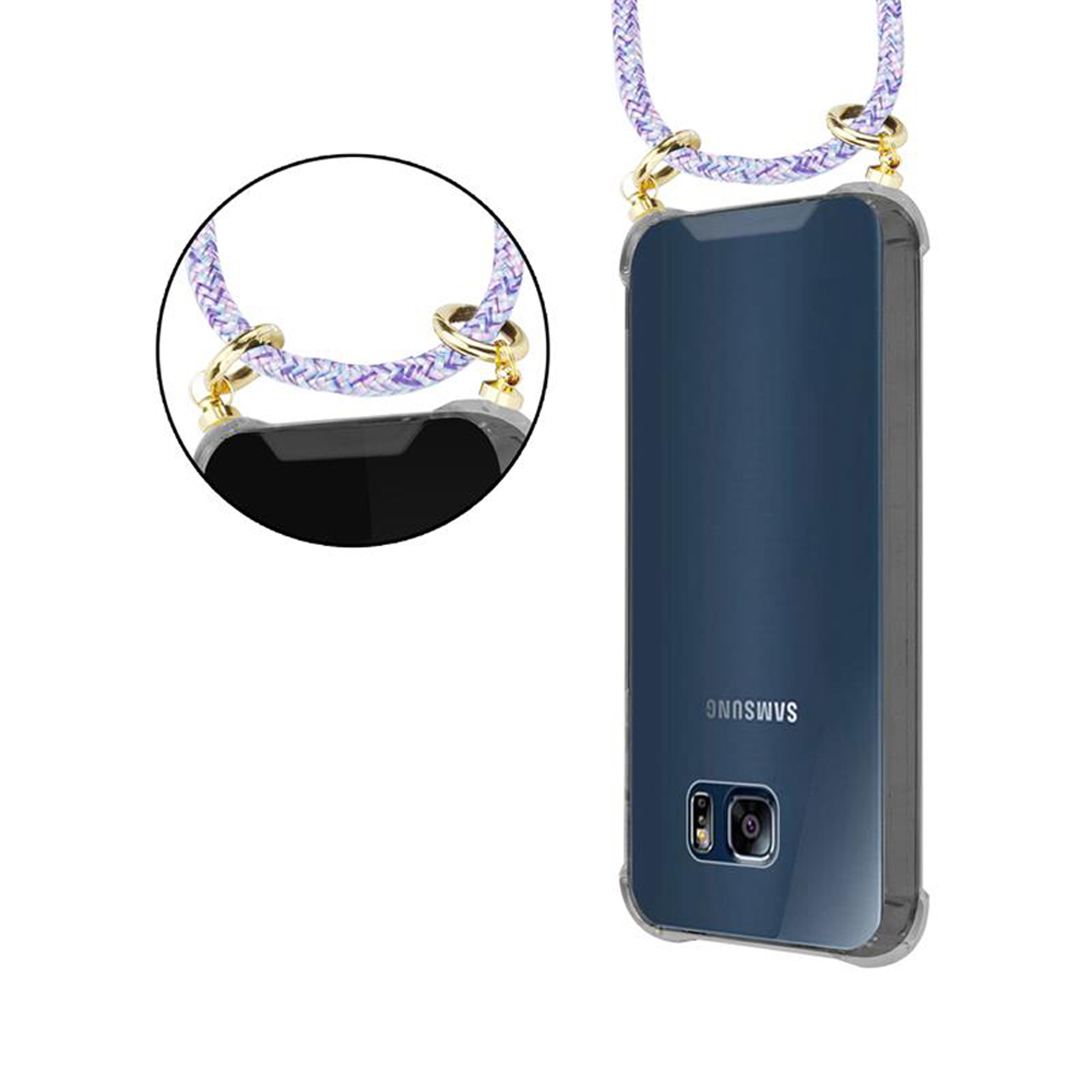 Una custodia per telefono con un cordino. Il cordino è viola e bianco.