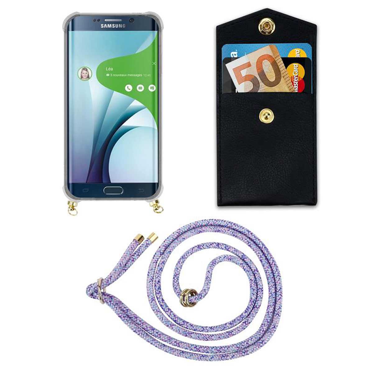 Telefono con custodia e cinturino attaccato, una custodia in pelle nera con carte e un cinturino viola e bianco.