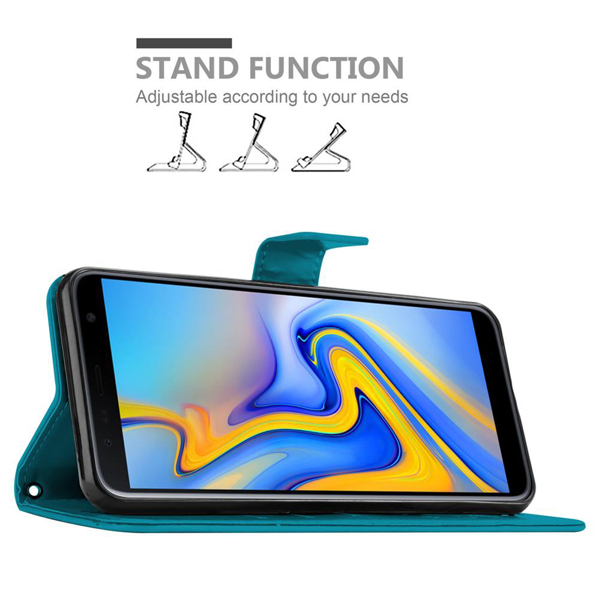 Custodia verde acqua con telefono, schermo visibile. Testo: Funzione supporto. Regolabile.