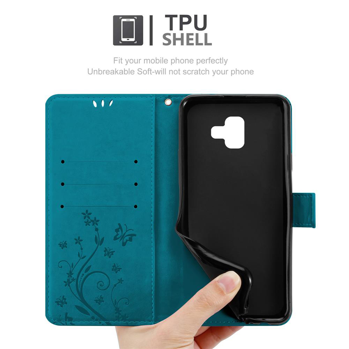 Custodia per telefono verde acqua aperta, design floreale e una custodia nera all'interno, tenuta in mano.